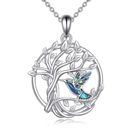 YAFEINI Tree of Life Hummingbird Necklace Sterling Silver Pendant Abalone Shell Family Tree Necklace Jewellry Gifts for Women