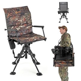 ARROWHEAD OUTDOOR Wide Folding 360° Hunting Swivel Blind Chair with Removable Camouflage Seat Pad, Armrest, No-Sink Feet, Shoulder Strap, Mesh Chair, Adjustable Height