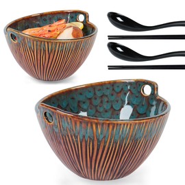 STE-CER Ceramic Ramen Bowl with Chopsticks,6.7 Inch Noodle Bowls,Pho Bowls and Spoons Set,Japanese Bowl for Pho,Udon,Soba,Noodle,Microwave Safe,Set of 2(Peacock Green)