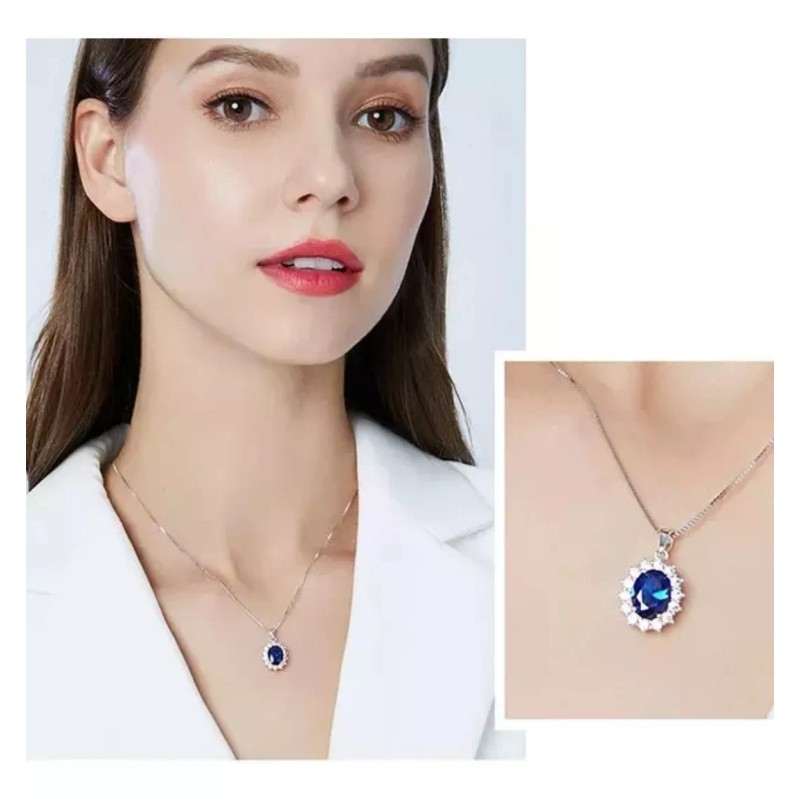 Dtup Collar Elegante Diseño Lady Di Zafiro Plata S925 Oro