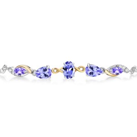 Gem Stone King 925 Silver and 10K Yellow Gold Blue Tanzanite and White Lab Grown Diamond Tennis Bracelet for Women By Keren Hanan (1.64 Cttw, Gemstone Birthstone, Adjustable Up To 9 Inch)