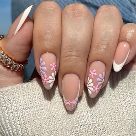 LPOODDNU Flower Press on Nails Medium, Almond Shape Fake Nails White French Tip Glossy Pink False Nails White Pink Daisy Glue on Nails Artificial Finger Manicure Press on Nails for Women and Girls