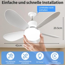 Abnaok Ceiling Fan with LED Light and Remote Control, Bedroom Dimmable Ceiling Fans Lamp, LED Ceiling Light Dimmable with Fan and Remote Control, for Living Room, Bedroom