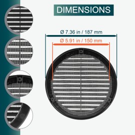 Ecopro Vent / Ø6" Inch Opening Diameter / Black Round Vent External Grille with Protective Mesh - Lightweight Plastic Register / Cover Indoor Outdoor Soffit Vent - 7.3'' Outer Diameter