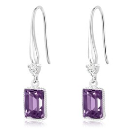 Gem Stone King 925 Sterling Silver Emerald Cut Amethyst Dangle Earrings For Women (5.00 Cttw, Gemstone Birthstone 10X8MM)