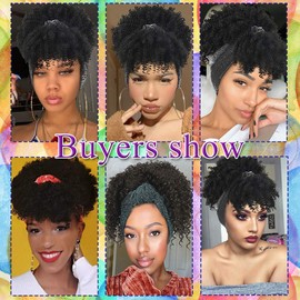 Aisaide Gray Headband Wigs for Black Women,Afro Headband Wig Synthetic Short Curly Wigs Afro Kinky Curly Black Wig with Bangs Wrap Wigs 2 in 1 Head Wrap Wig with Headband Attached Turban Wig High puff