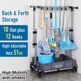 Japard Rolling Cart for Wet Mop, Broom and Mop Holder with Wheels, Cleaning Supplies Organizer Janitor Carts, Garden, Office, Home, School