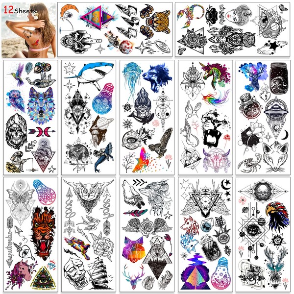 HOWAF 12 Sheets Temporary Tattoos for Women, Men, Children, Owl Bird Butterfly Animal Wolf Skull Feather Waterproof Temporary Tattoo Stickers for Women