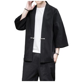 PRIJOUHE Men's Kimono Jackets Cardigan Casual Cotton Blends Linen Seven Sleeve Open Front Embroidery Coat
