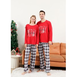 VNVNE Christmas Pajamas for Family Pjs Matching Sets, Red Merry Christmas Printed Top and Plaid Pants Holiday Pajamas for Women/Men/Couples(Men,M)