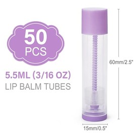 LotFancy - Tubos de bálsamo labial vacíos, 60 tubos de 5,5 ml (3/16 onzas), transparente para bálsamo labial con tapas moradas, sin BPA y sin fugas, recargables