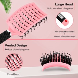 Hair Brush, Boar Bristle Hair Brushes for Women Men kids, Curved Vent Styling Hairbrush Faster Blow Drying, Paddle Detangler Brush for Wet Dry Curly Thick Hair Smoothing Massaging Detangling(Pinkish)