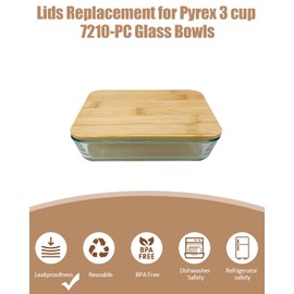 2 Pack Rectangle Replacement Lid for Pyrex - ONLY Compatible with Pyrex 7210 PC 3 Cup Food Storage Container Bowl,Bamboo Wooden Lids Freezer Dishwasher Microwave Safe (Container Not Included）
