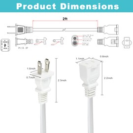 2FT Polarized 2Prong Extension Cord - White Replacement US AC Two Prong 13A 125V Power Extension Cable, Short Small Low Profile Flat Wall Appliance Power Cord for Outlet Saver, Christmas Light