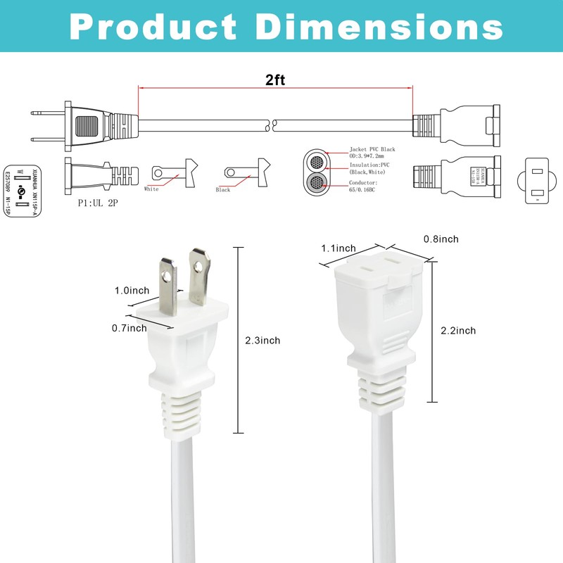 2FT Polarized 2Prong Extension Cord - White Replacement US AC