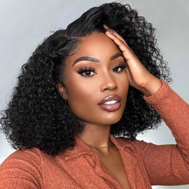 13x4 Bob Wig Human Hair 12A Short Deep Wave Lace Front Wigs Human Hair 180% Density Deep Curly HD Lace Frontal Human Hair Wig for Women Glueless Wig Pre Plucked Natural Hairline 12 Inch