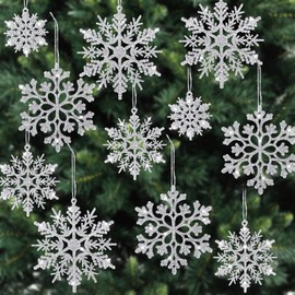 36 PCS Christmas Silver Hanging Snowflakes, Plastic Glitter Snowflake Christmas Tree Decorations for Indoor Winter Holiday New Year Wonderland Party Decoration