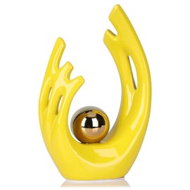 9.5" h Yellow and Gold Centerpiece Dinner Table, Modern Yellow Home Decor Accent, Living Room Tv Stand Funky Decorative Accessories, Abstract Art Ceramic Statue and Sculpture Yellow Kitchen Decor