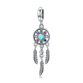 BISAER Dream Catcher Charm 925 Sterling Silver Dangle Colorful CZ Feather Tassel Charm Pendant Fits European Style Bracelet Necklace Women Birthday Gift