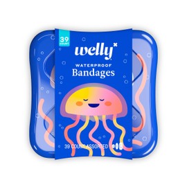 Welly Bandages - Waterproof | Adhesive Flexible Fabric Bravery Badges | Assorted Shapes for Minor Cuts, Scrapes, and Wounds | Colorful and Fun First Aid Tin | Jellyfish Patterns - 39 Count
