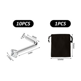 SLEEKEE 10 Pieces Clear Crystal Nose Studs, 1 Piece Velvet Bag, Pierced Nose Studs Made of Sterling Silver, Micro Crystal Stud Earrings, L-shaped Nose Studs, Silver Stud Earrings (0.8 mm), Stainless