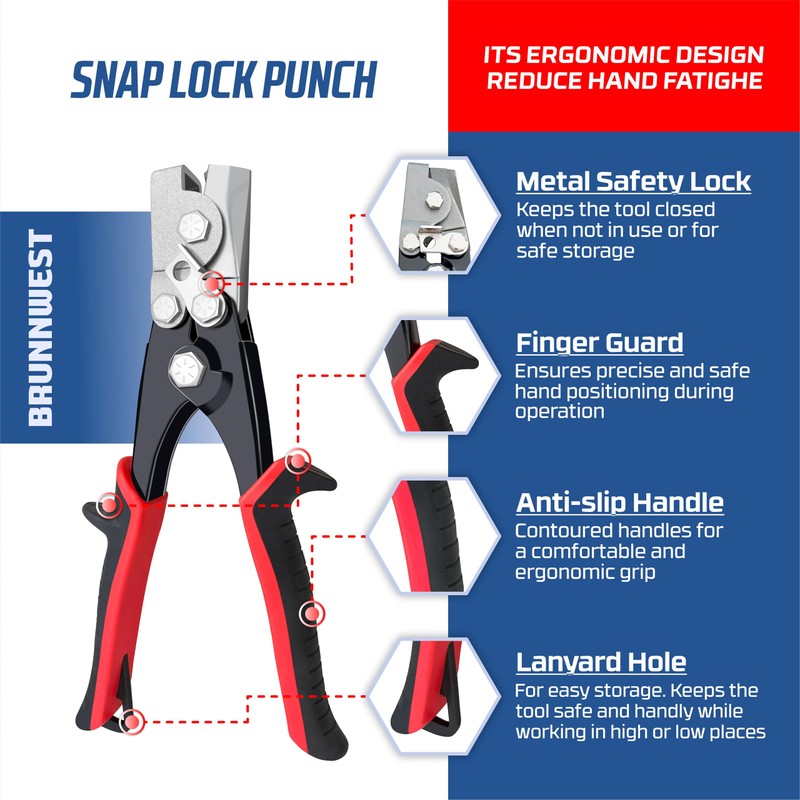 BRUNNWEST Snap Lock Punch Tool for Sheet Metal, Vinyl and