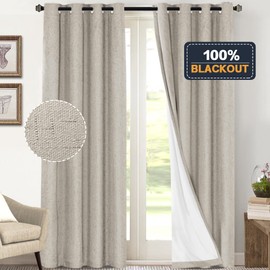 PrinceDeco Primitive Textured Linen 100% Blackout Curtains for Bedroom/Living Room Energy Saving Window Treatment Curtain Drapes, Burlap Fabric with White Liner (52 x 108 Inch, Cobblestone)