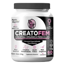 CreatoFem Creatina Orgánica Para Mujeres 60 Servicios. Sabor Arandano-miel. Purely Organics.