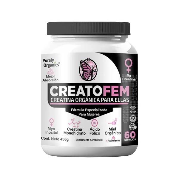CreatoFem Creatina Orgánica Para Mujeres 60 Servicios. Sabor Arandano-miel. Purely