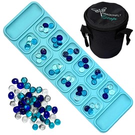 Dragonfly Escape Travel Mancala Board Game Set – Flexible Silicone Roll-Up Board, 50 Stones & Zippered Canvas Bag – Portable Strategy Game for Adults & Teens (Light Teal)