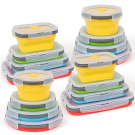 Collapsible Silicone Food Storage Containers Set with Lid & Air Vent, Foldable Lunch Containers, 16 Pack (8 Rectangular + 8 Round Bowls), BPA-Free, Space-Saving
