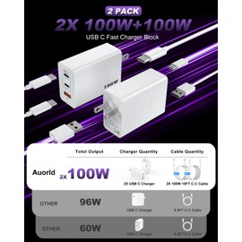Auorld USB C Charger Block 100W, 3-Port GaN Super Fast Charger, Type C Wall Charger Adapter with 10ft USB C Charging Cable for MacBook Pro/Air,iPad Pro, iPhone 16/15Pro, S25/S24/S23 and More[2 Pack]