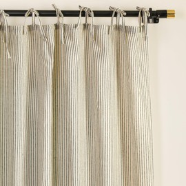 THE ART BOX Gauze Striped Curtains, Boho Linen Gauze Tie Top Hanging Curtains Light Filtering Door Window Treatment 2 Panel Drapes for Living Room Home Décor Black on Green (63"x42" Each Panel)