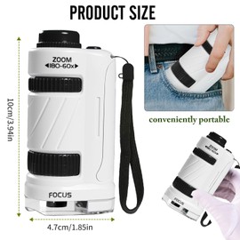 Pocket Microscope for Children, 60 x 180 x Portable Microscope, Pocket Microscope, Mini Microscope with LED Light with 12 Slides, Mini Handheld Microscope for Students, Illuminate Education, Home,