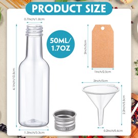 100 Pcs Mini Liquor Bottles Set, 1.7oz Plastic Spirit Bottles Mini Plastic Alcohol Shot Bottles with Caps, 6 Liquid Funnels and Kraft Tags with 65 ft Ropes for Party (Silver Cap)