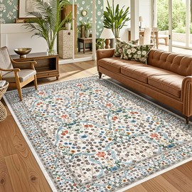GarveeHome Floral Area Rugs 5x7, Washable Rug for Living Room, Bedroom, Low Pile Non Slip Stain Resistance Indoor Boho Carpet Mat for Farmhouse, Dining Room, Office, Beige