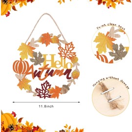 Hello Fall Sign Wooden Welcome Wreath for Front Door, Autumn Harvest Maple Leaf Door Hanger Thanksgiving Wall Hanging Decorations Outdoor Farmhouse Porch Home Decor