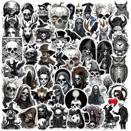 50PCS Gothic Stickers - Black White Skull Stickers, Waterproof Vinyl Perfect for Water Bottle, Laptop, Luggage, Scrapbook - Teens, Adults, Girls