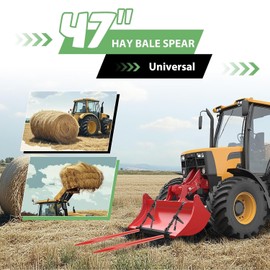 WUTIST Pair 47" Hay Bale Spears 3000 LBS Capacity Fit for Skid Steer Tractors Loaders Buckets Cranes Bale Quick Attach Spike Forks Red Steel Powder Coated W/Hex Nut 2PCS