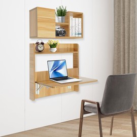 Wall Mounted Bookshelf with Moveable Cabinets, Multifunctional Folding Floating Desk, Fold Down Laptop Table with Storage Shelves for Bedroom Study Room Space Saving Small Space Garage (Light Walnut)