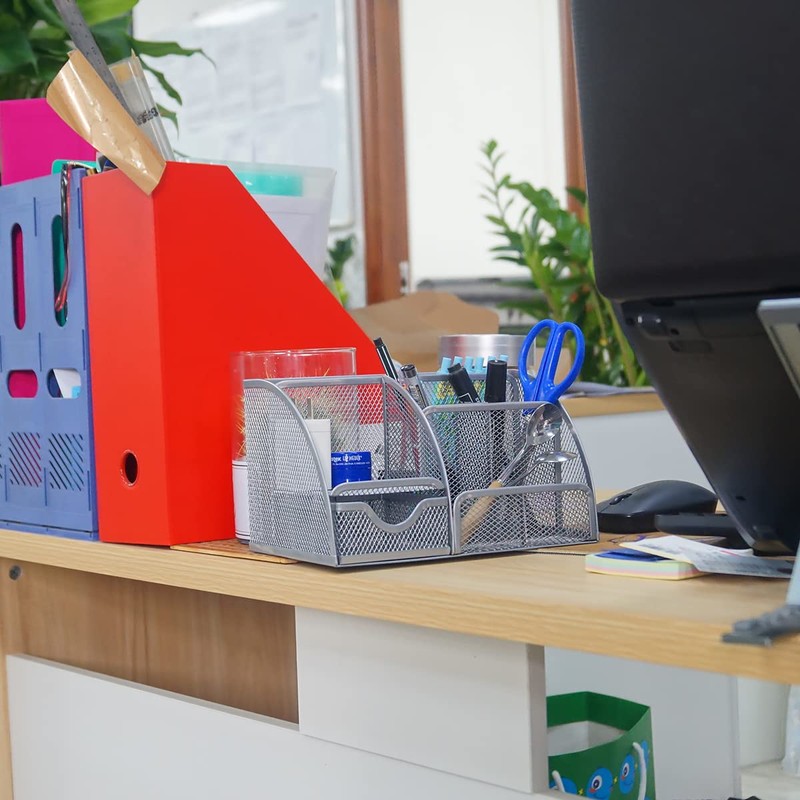 Desk Organiser, Mesh Metal Office Shelf with Pen Holders &