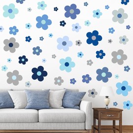 288 Pcs Y2k Cute Flowers Wall Sticker Colorful Floral Wall Decal Vinyl Peel and Stick Preppy Hippie Stickers Aesthetic Wall Flowers Wall Decor for Nursery Bedroom(9.1 x 11.4 Inch,Blue Series)