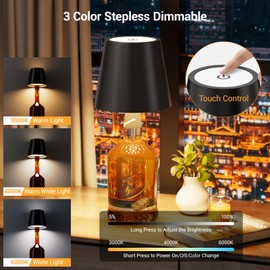nulmvic nulmvic Wireless Bottle Lamp Shade - Portable LED Wine Bottle Lamp with Stopper, 3 Color Stepless Dimming Rechargeable Touch Wine Bottle Lights for Any Liquor Bottle Bars Restaurants (Black, 1 Pack)