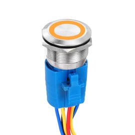 DMiotech 16mm / 5/8" Stainless Steel Latching Push Button Switch Flat Head 5A 12-24V Silver Shell 5 Pin with Cable Socket Yellow Ring LED 1NO1NC for Car Boat Systems Custom Setups