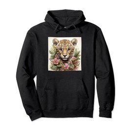 Leopard With Succulents Around Boho Style Graphic Pullover Hoodie