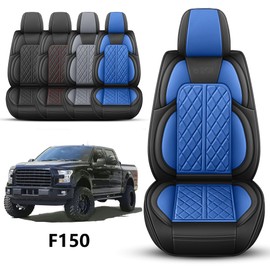 DuDuWang Car Seat Cover Custom Fit for Ford F150 2009-2024 Faux Leather Seat Cover Set Compatible with Crew Quad Regular Cab Pickup Truck Cushions (Black & Blue, Front Seat)