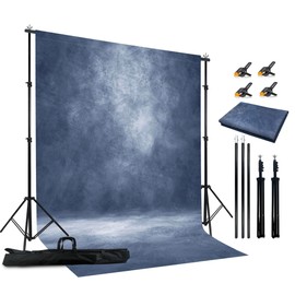 Haboke 2-in-1 Abstract Photography Backdrop Stand Kit - 6.5x6.5 ft Portable Dual Rod Stand with 6x8 ft Polyester Fabric Backdrop for Portraits and Photo Props - Roller Pocket Design（6x8ft,Blue）