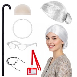 Ishua 7pcs Grandma Wig, Old Lady Wig Costume for Women - 100 Days of School Props for Halloween (White, One size, Straight)
