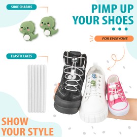 SULPO 2-in-1 Set Shoe Charms with White Elastic Shoelaces without Tying - Laces Decoration - Laces Pendant for Children and Adults - Shoe Laces Clips, Green Dino