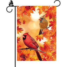 Male Female Northern Design For Cardinals Fall Garden Flag Leaves Bird Burlap Vertical Double Sided 12.5 x 18 Inch Outdoor Decorations Autumn Yard Decor